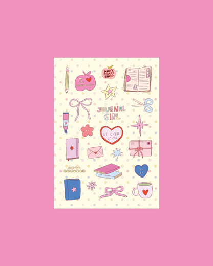 A5 sticker sheet with stationery icons, hearts, stars, bows, envelopes and notebooks