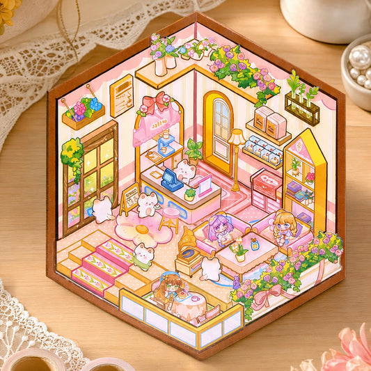 3D DIY cafe model with miniature furniture, flower decorations, and tiny animal figures