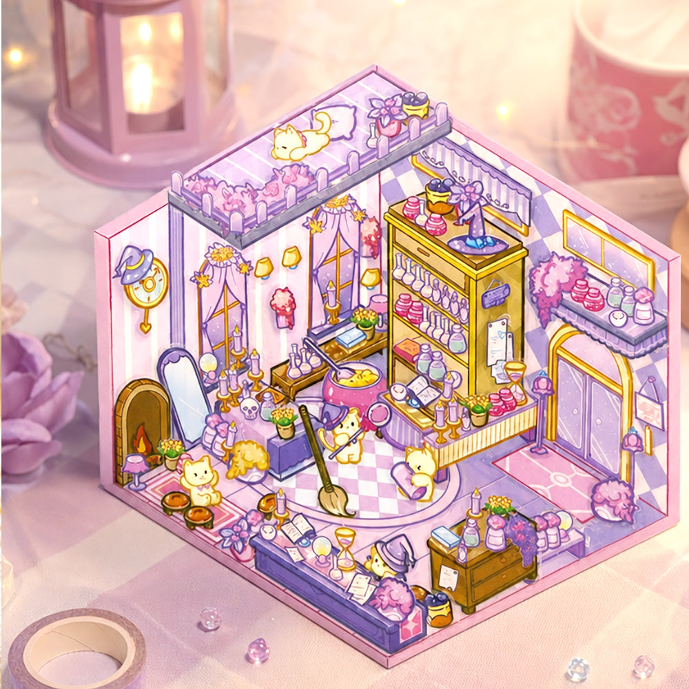 DIY 3D potion shop model with colorful shelves, tiny bottles, counters, and decorative details