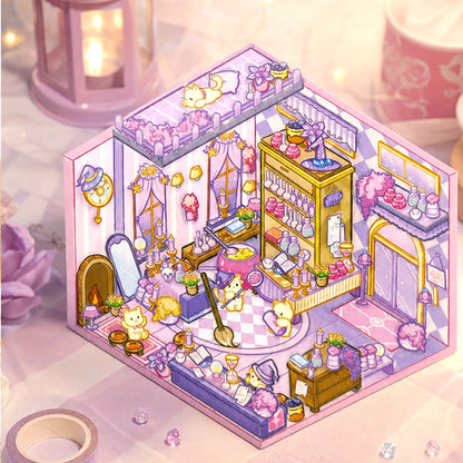 DIY 3D potion shop model with colorful shelves, tiny bottles, counters, and decorative details