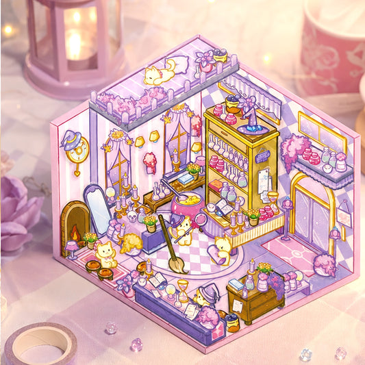 DIY 3D potion shop model with colorful shelves, tiny bottles, counters, and decorative details