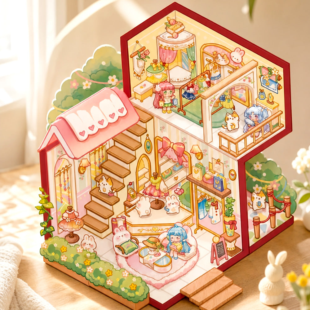 3D DIY clothing store miniature with stairs, display shelves, figures, and colorful decor