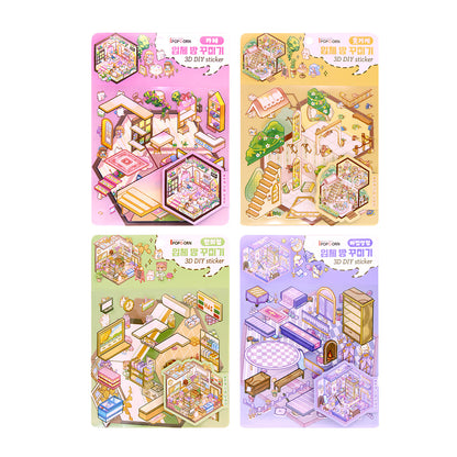 Four 3D DIY room decor kits shown on colorful illustrated packaging