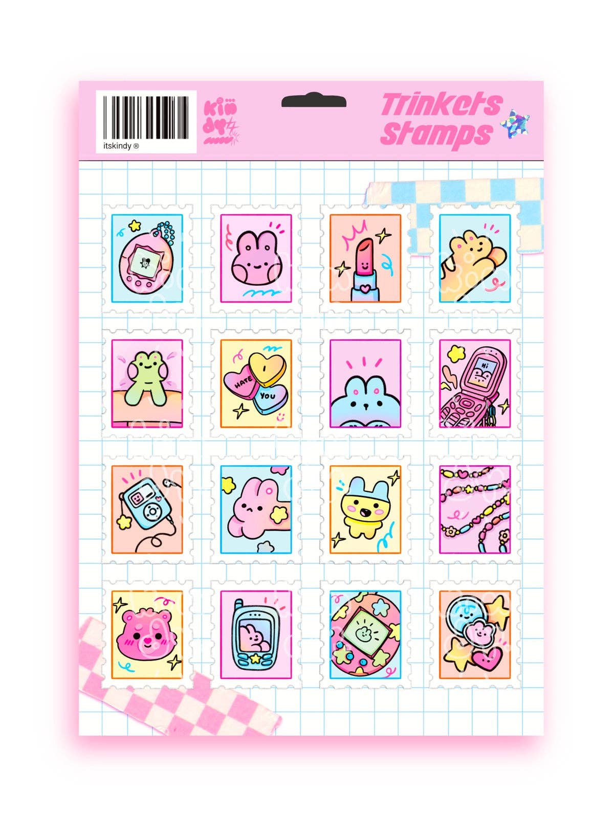 Trinkets stamps sticker sheet with 16 colorful cute animal and heart outline stickers
