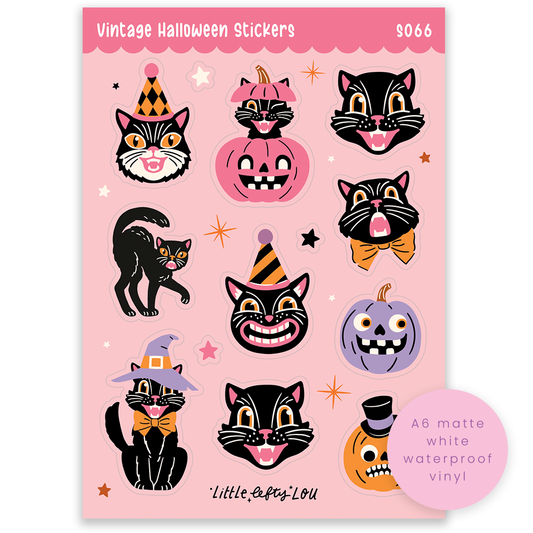 Pink A6 Halloween sticker sheet with cats, pumpkins and witch hats; matte waterproof vinyl