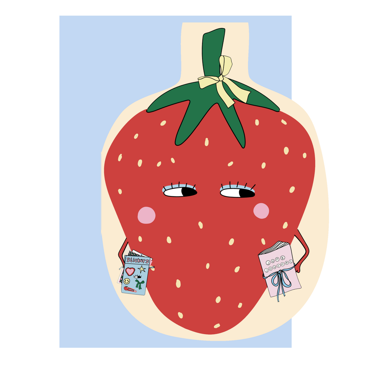 Die-cut strawberry greeting card with smiling face, green leaves and ribbon bow