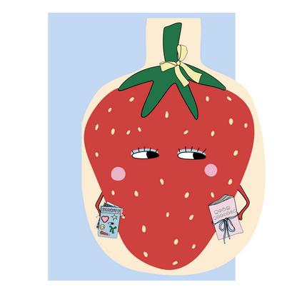 Die-cut strawberry greeting card with smiling face, green leaves and ribbon bow