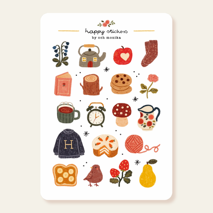 Happy sticker sheet with cozy illustrated items like teapot, cookies, heart, socks