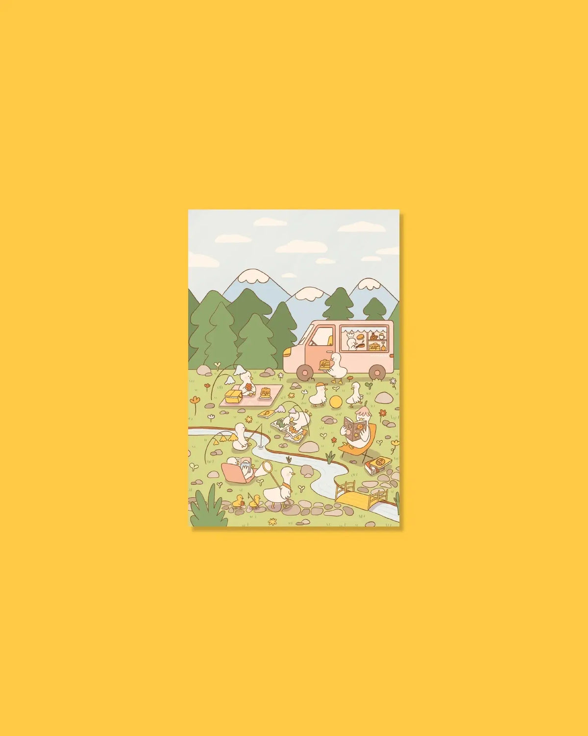 A6 poster showing cartoon picnic in a park with mountains, white border