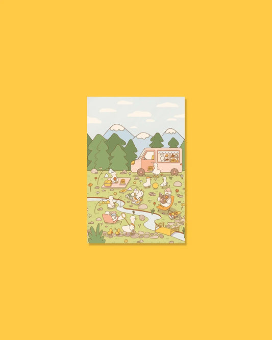 A6 poster showing cartoon picnic in a park with mountains, white border
