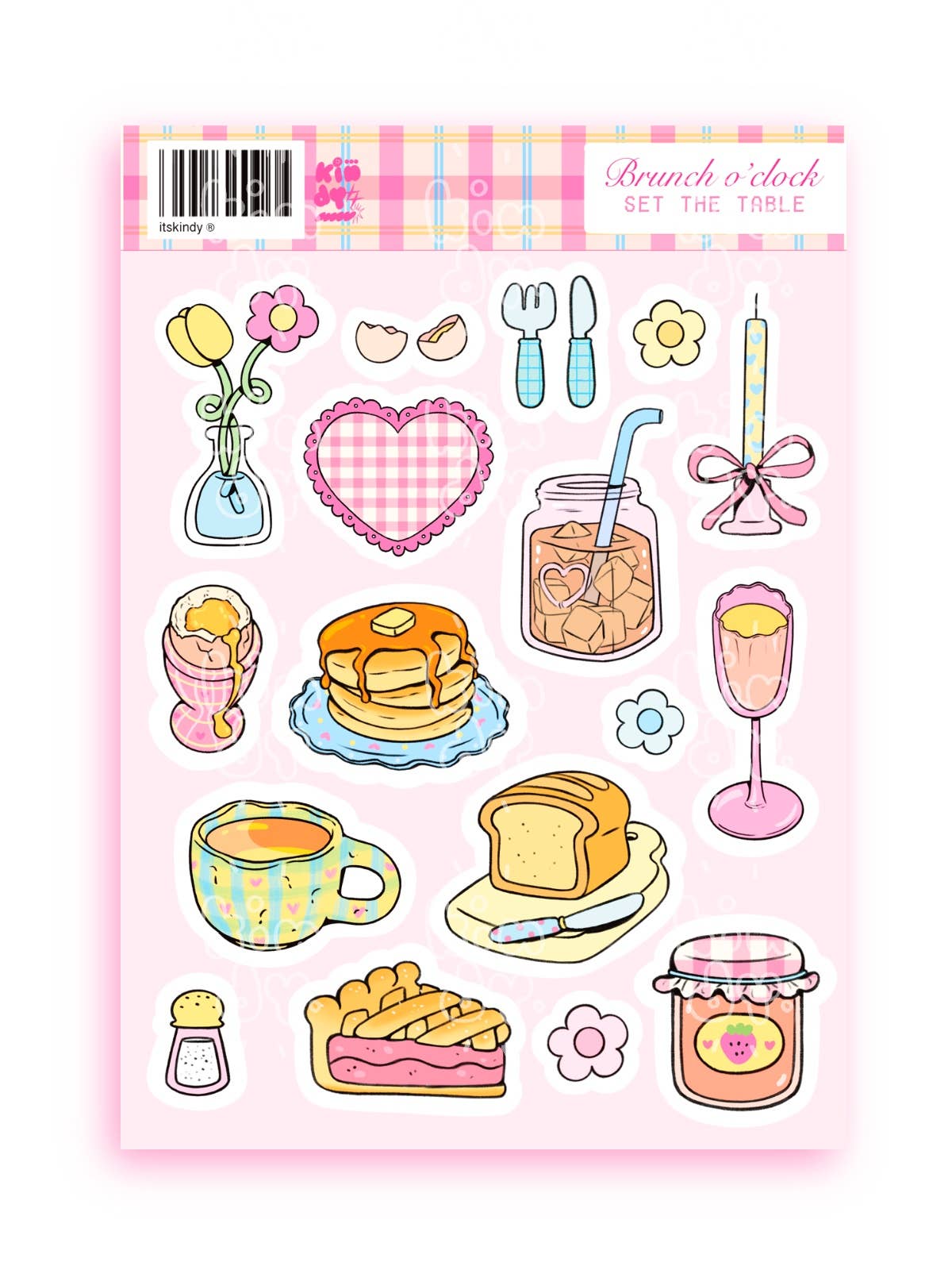 Brunch o'clock sticker sheet with heart, toast, pancakes, drinks, and utensils.