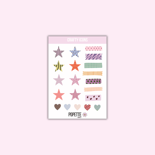 A6 sticker sheet with colorful stars, hearts, stripes, and dots icons