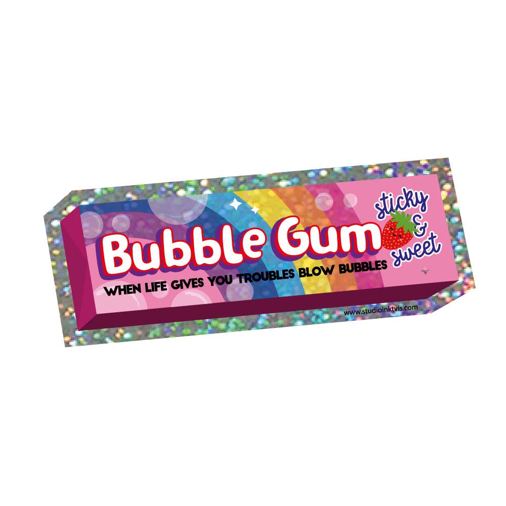 Glitter vinyl Bubble Gum sticker with purple-pink label and rainbow confetti edge
