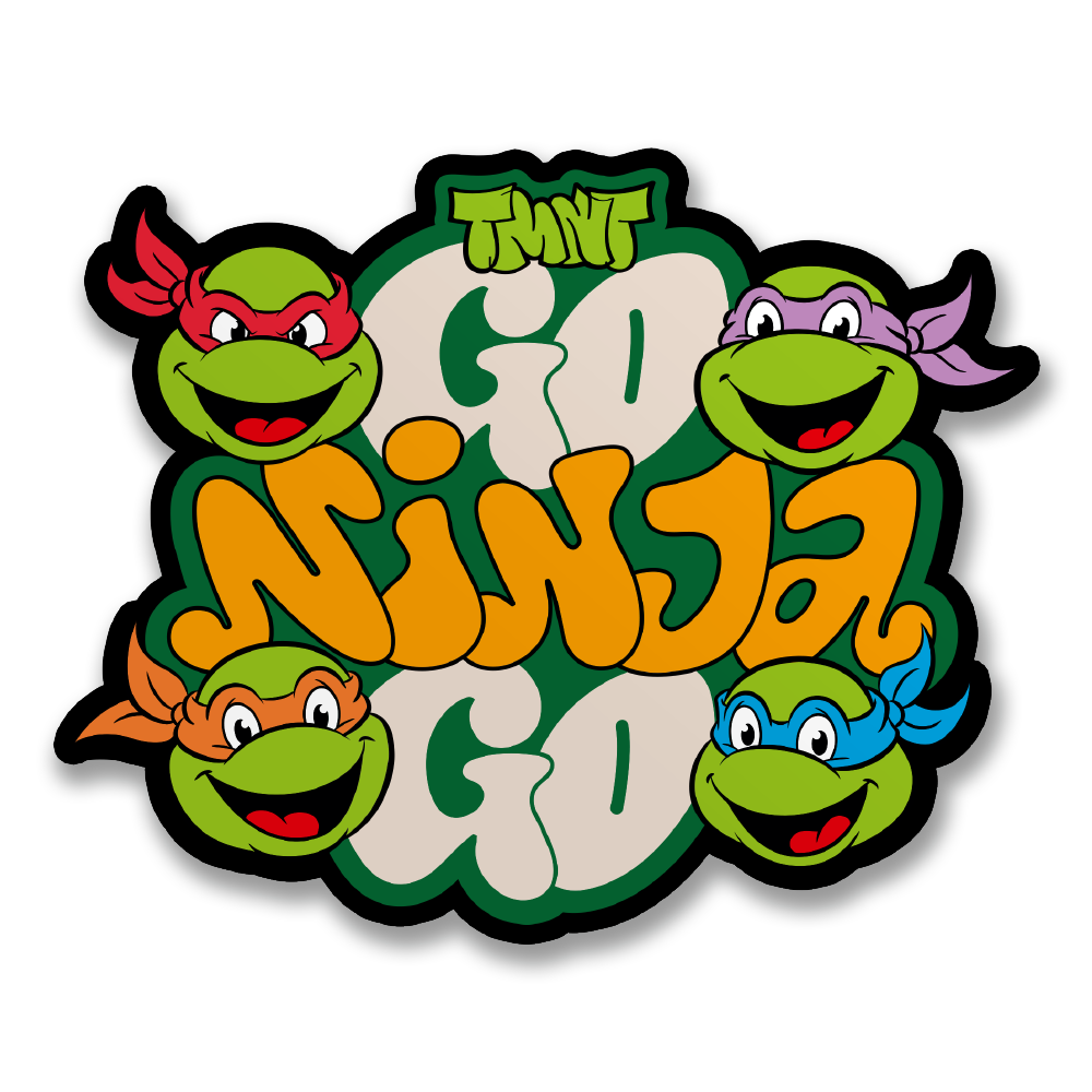 Cartoon ninja turtle vinyl sticker with green heads and orange letters, die-cut outline