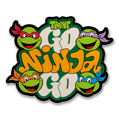 Cartoon ninja turtle vinyl sticker with green heads and orange letters, die-cut outline