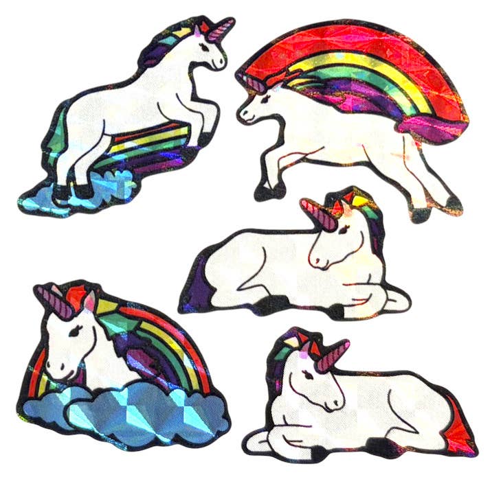 Rainbow unicorn sticker set with multiple unicorn decals in rainbow arcs
