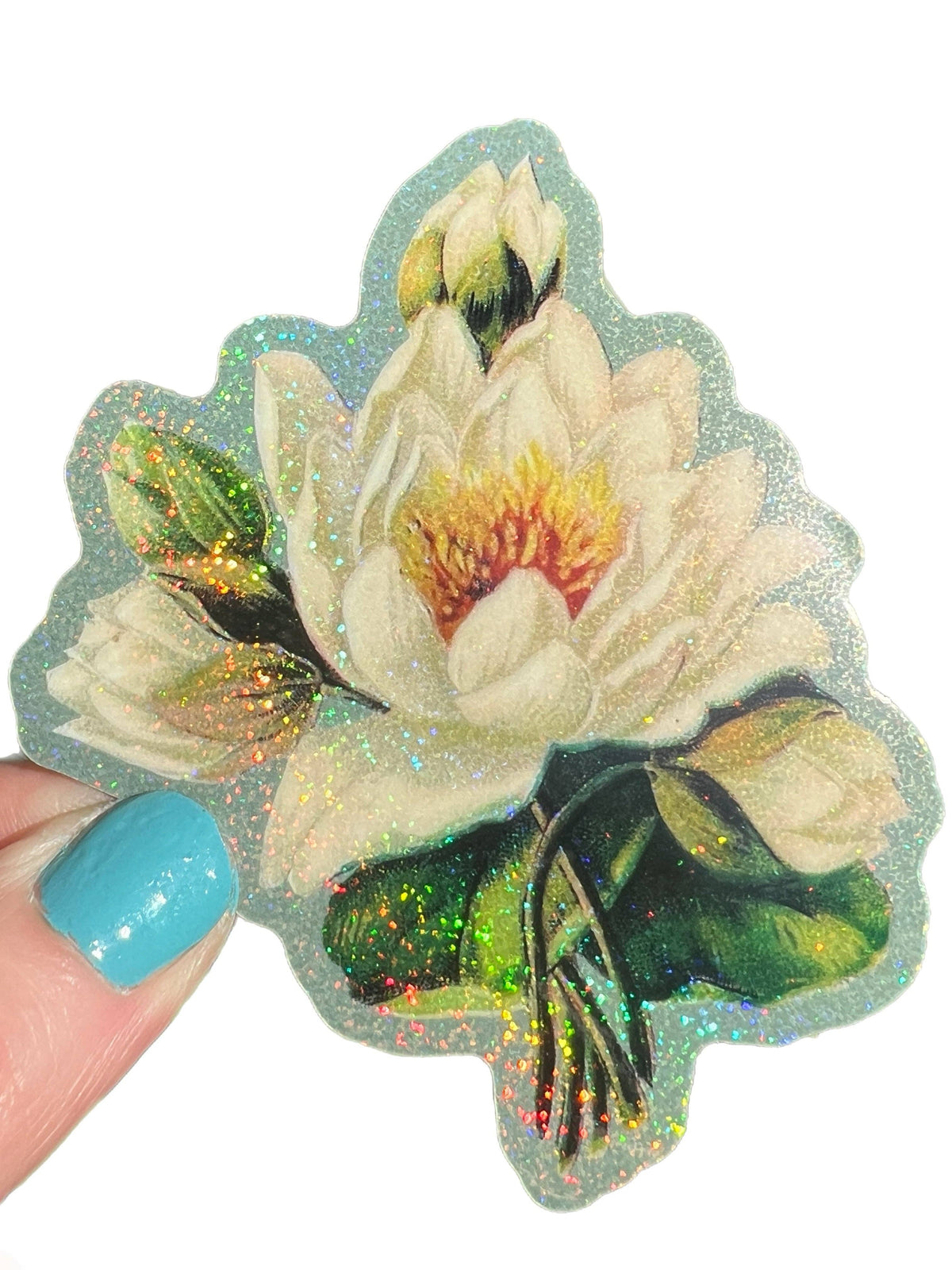 White lotus flower sticker with glittered white petals, green leaves, held by fingertips