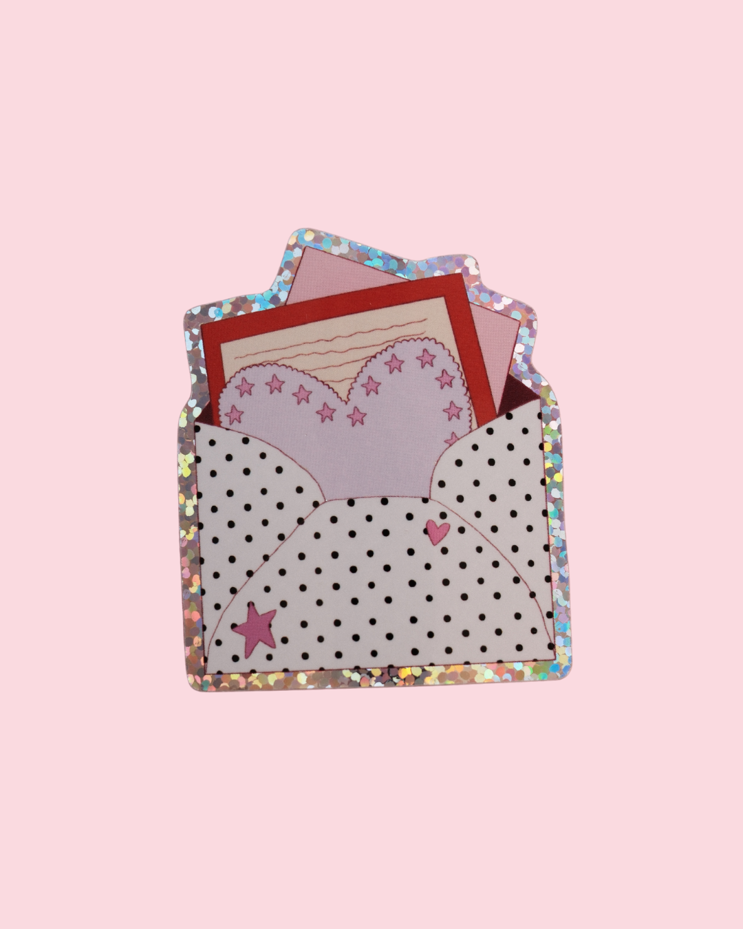 Mail envelope sticker with polka dots, star accents, and a red inner flap