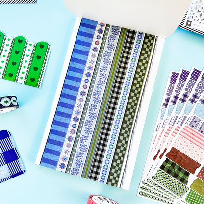 Striped ribbon sticker sheet with blue, purple, green, and checker patterns