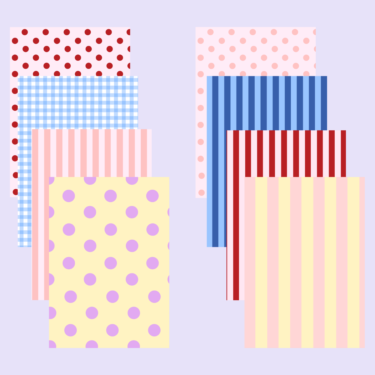 Set of patterned paper sheets with dots, stripes, and gingham designs