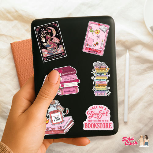 Book lover sticker sheet with illustrated books, roses, and badges on black backing