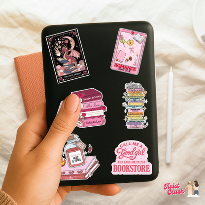 Book lover sticker sheet with illustrated books, roses, and badges on black backing