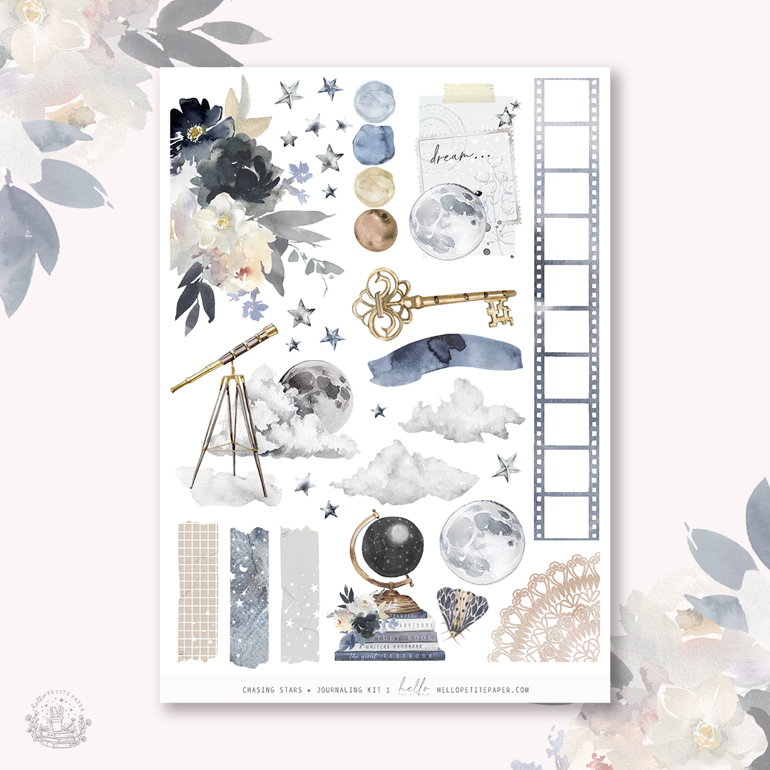 Premium matte journaling sticker sheet with moons, stars, watercolor florals, ladder, globe