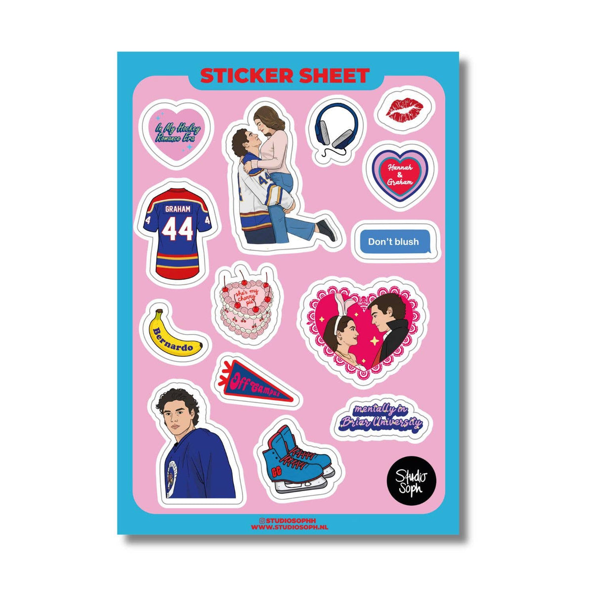 Sticker sheet with pink and blue hockey-themed cutout decals