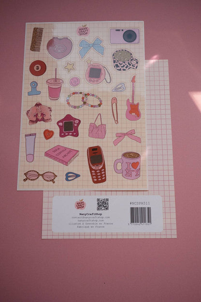 A5 sticker sheet with retro icons: camera, heart, phone, guitar, bags, beads