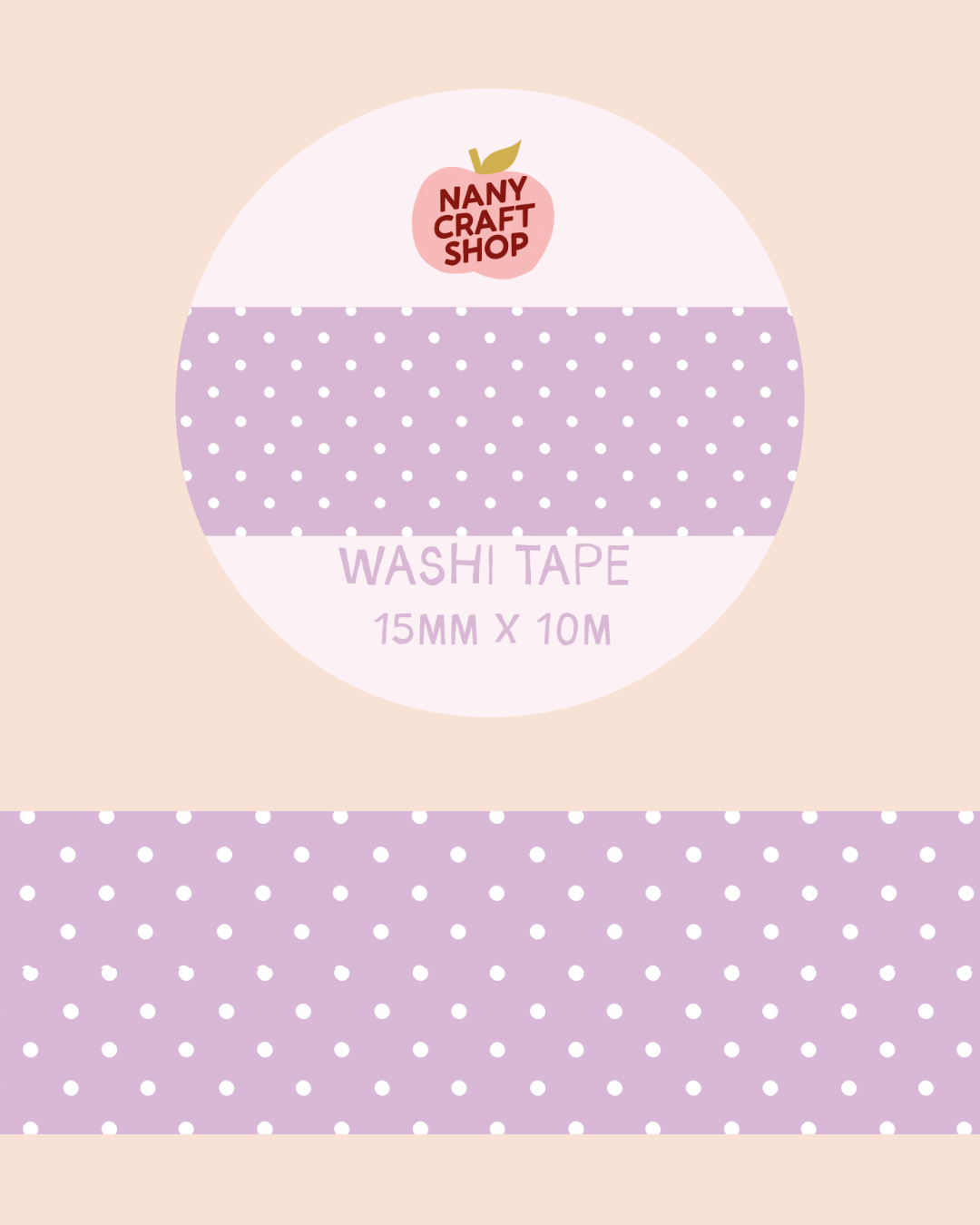 Purple polka dot washi tape roll and purple strip with white dots, 15mm x 10m