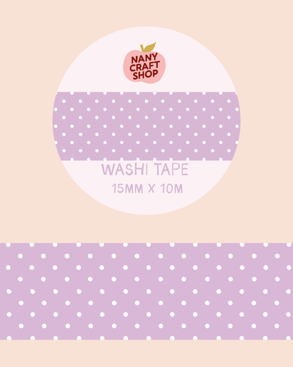 Purple polka dot washi tape roll and purple strip with white dots, 15mm x 10m