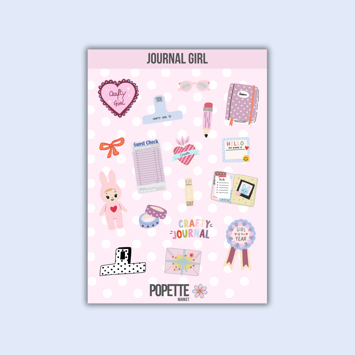 A5 sticker sheet with pink heart, journal, bunny and stationery icons, decorative dots