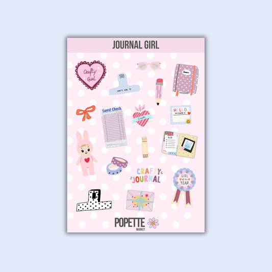 A5 sticker sheet with pink heart, journal, bunny and stationery icons, decorative dots