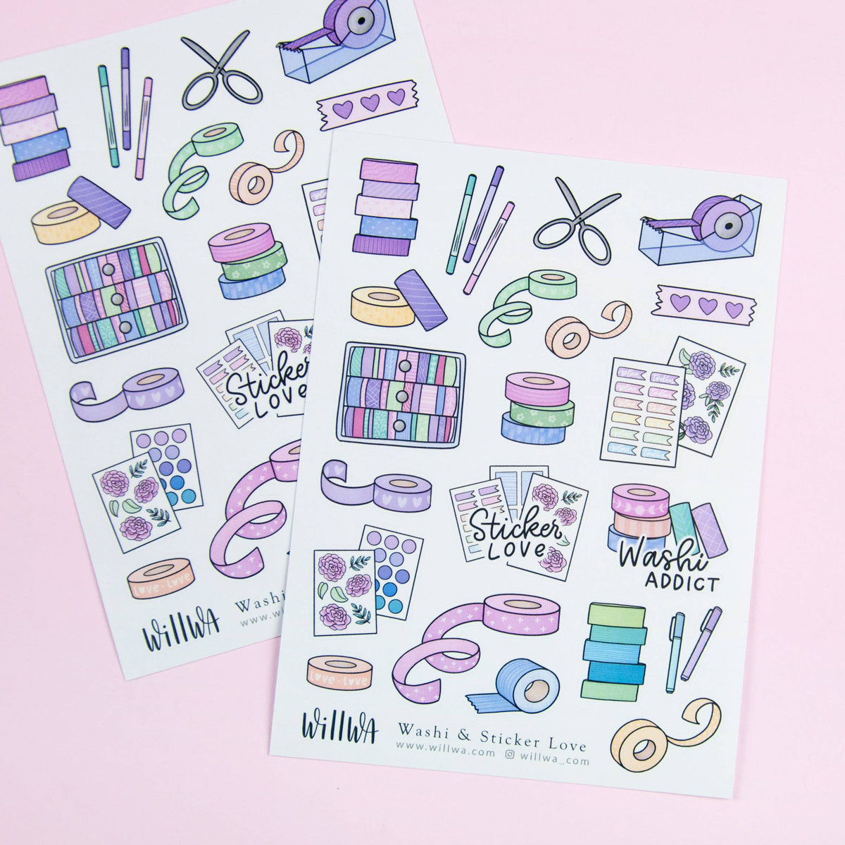 Sticker sheet set featuring stationery icons, stacked tape, heart ribbons and patterned squares