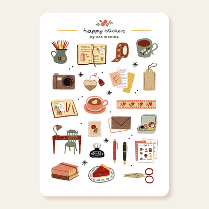Happy sticker sheet with coffee, book, camera and plant icons in warm tones