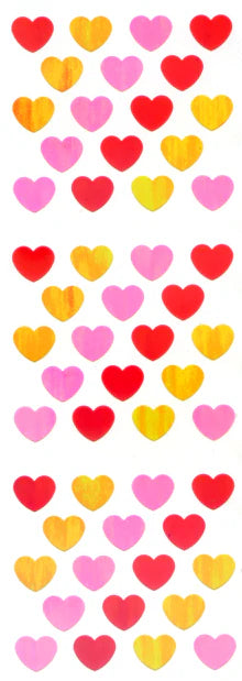 Heart sticker sheet with red, pink, and yellow hearts in rows