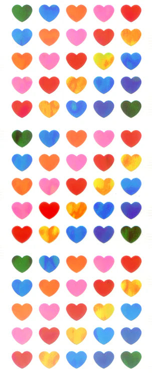 Heart sticker sheet with multicolor rainbow hearts, small rounded designs