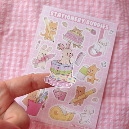 Sticker sheet with pink layout and cute animal stationery icons, incl. rabbit, bear, pencils, notes
