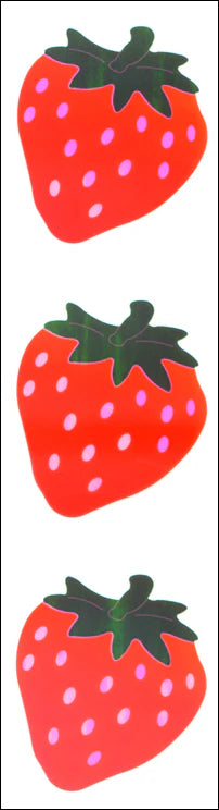 Strawberry sticker sheet with red fruit and green leaves, three stickers