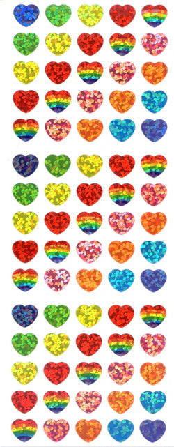 Prism rainbow hearts sticker sheet with multicolor heart designs