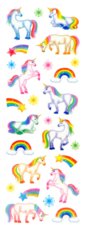 Sparkly unicorn and rainbow sticker sheet with colorful holographic unicorns and stars