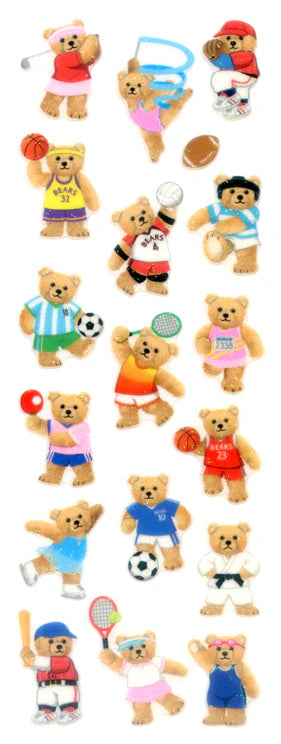Sticker sheet with sporty bears in assorted athletic poses