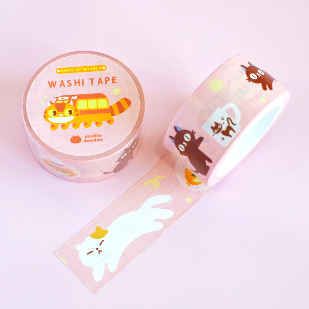 Cats-themed washitape roll with pale ribbon, cat illustrations and icons; 20mm x 10m