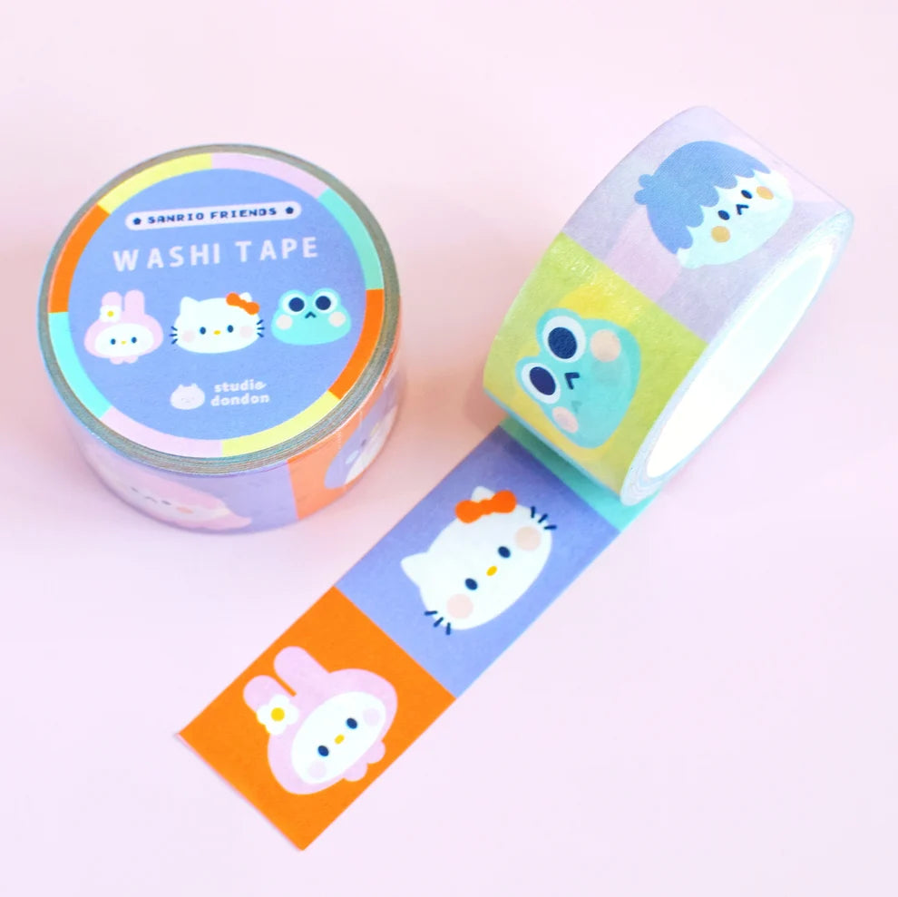Cute Sanrio character washi tape roll and strip with pastel animals, translucent film