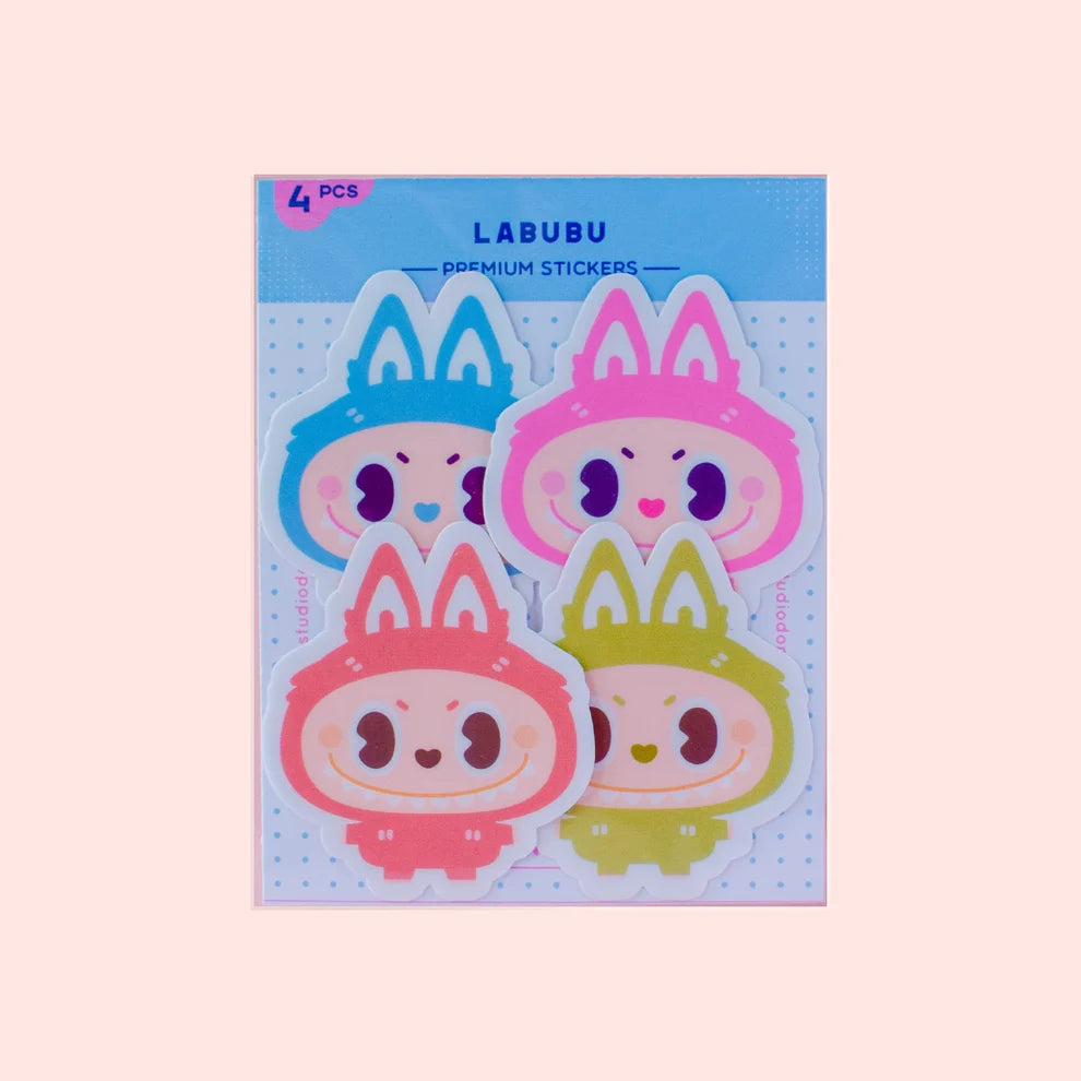 Vinyl character sticker set of 4, colorful cute faces (blue, pink, red, green)