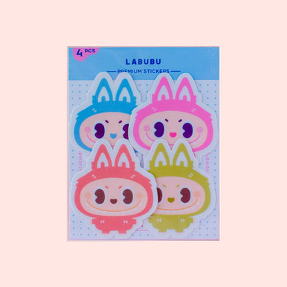 Vinyl character sticker set of 4, colorful cute faces (blue, pink, red, green)