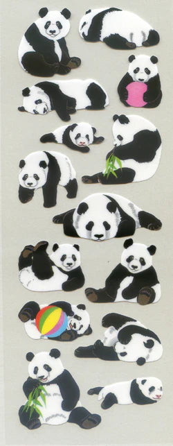 Panda sticker sheet with multiple black-and-white panda characters, one holding a green leaf