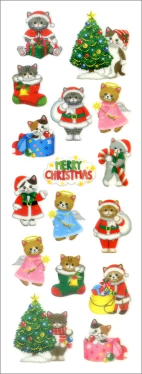 Sparkly Christmas cat sticker sheet with cats in outfits and decorated tree