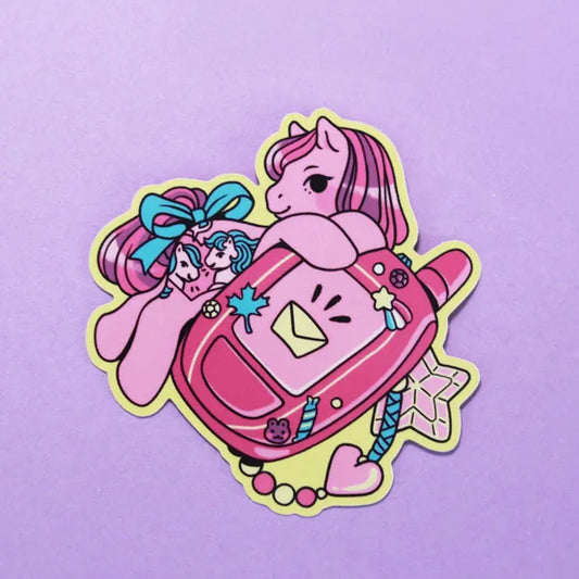 Colorful unicorn phone vinyl sticker, pink pony holding a smartphone with bow