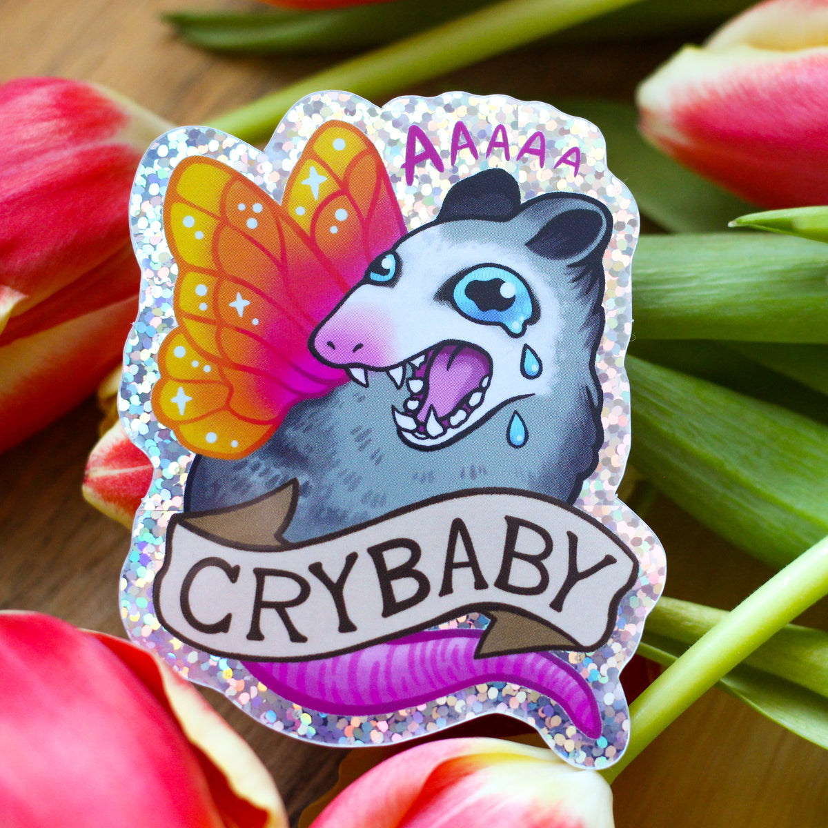 Vinyl sticker featuring cartoon panda with butterfly wings and 'CRYBABY' lettering